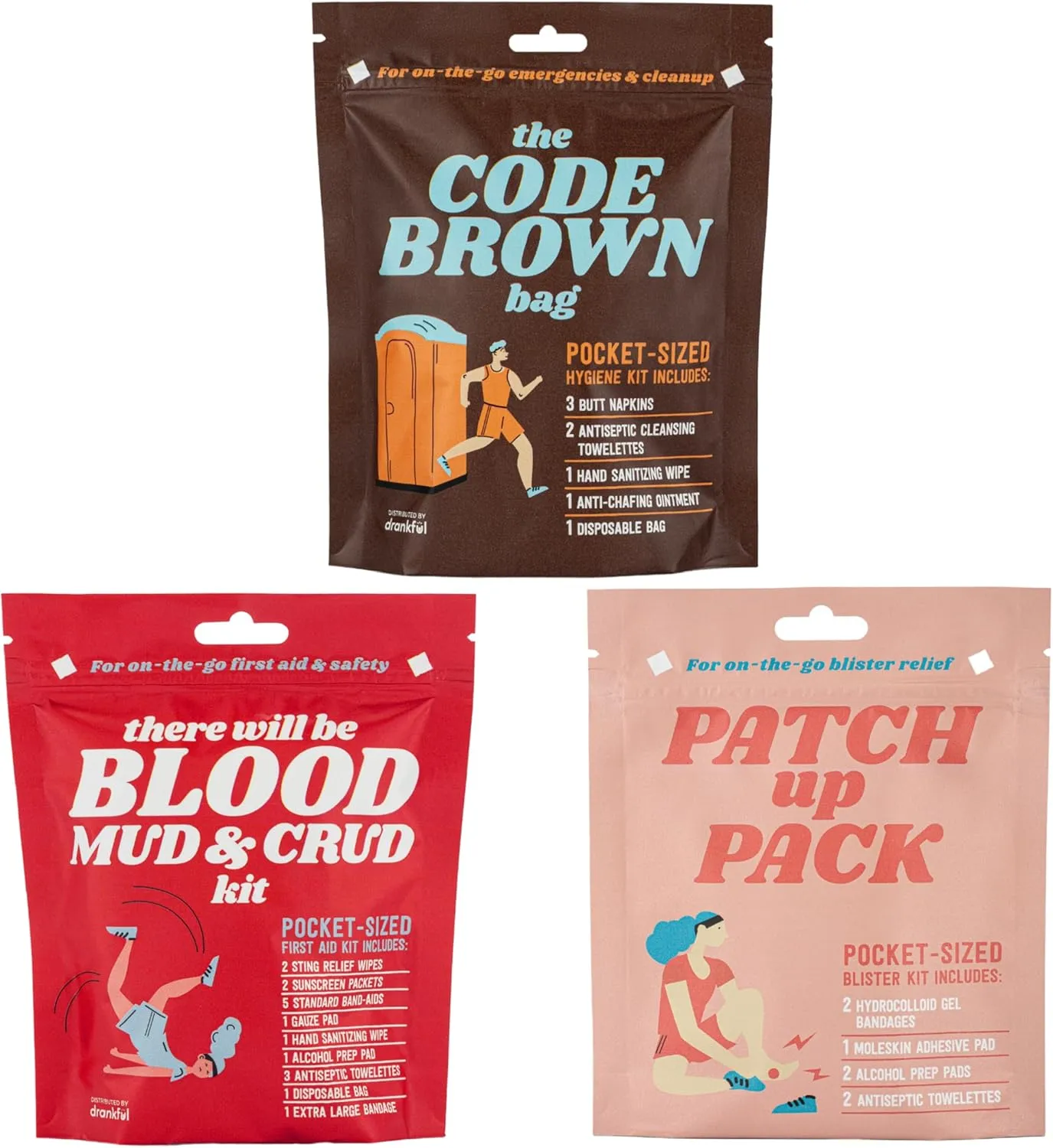 Portable Travel Kits - Code Brown Bag, There Will be Blood, Mud & Crud Kit, Patch Up Pack, Pocket-Sized, for On-The-Go, for Running, Camping, Hiking, and Outdoors