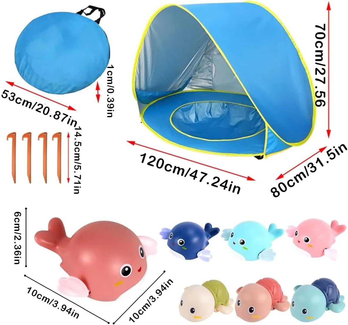 Portable UV-Resistant Baby Beach Tent, Beach Puddle Pool Toddler with Canopy, Pop up Portable Shade Pool, UV Protection Sun Shelter Infant Beachs Essentials Accessories with Toys Set(Style 4,Set3)