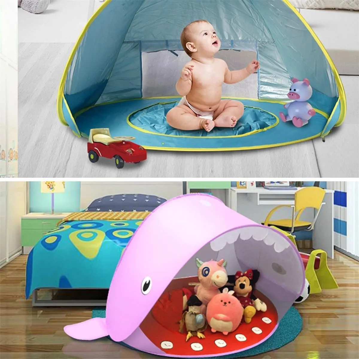 Portable UV-Resistant Baby Beach Tent, Beach Puddle Pool Toddler with Canopy, Pop up Portable Shade Pool, UV Protection Sun Shelter Infant Beachs Essentials Accessories with Toys Set(Style 4,Set3)