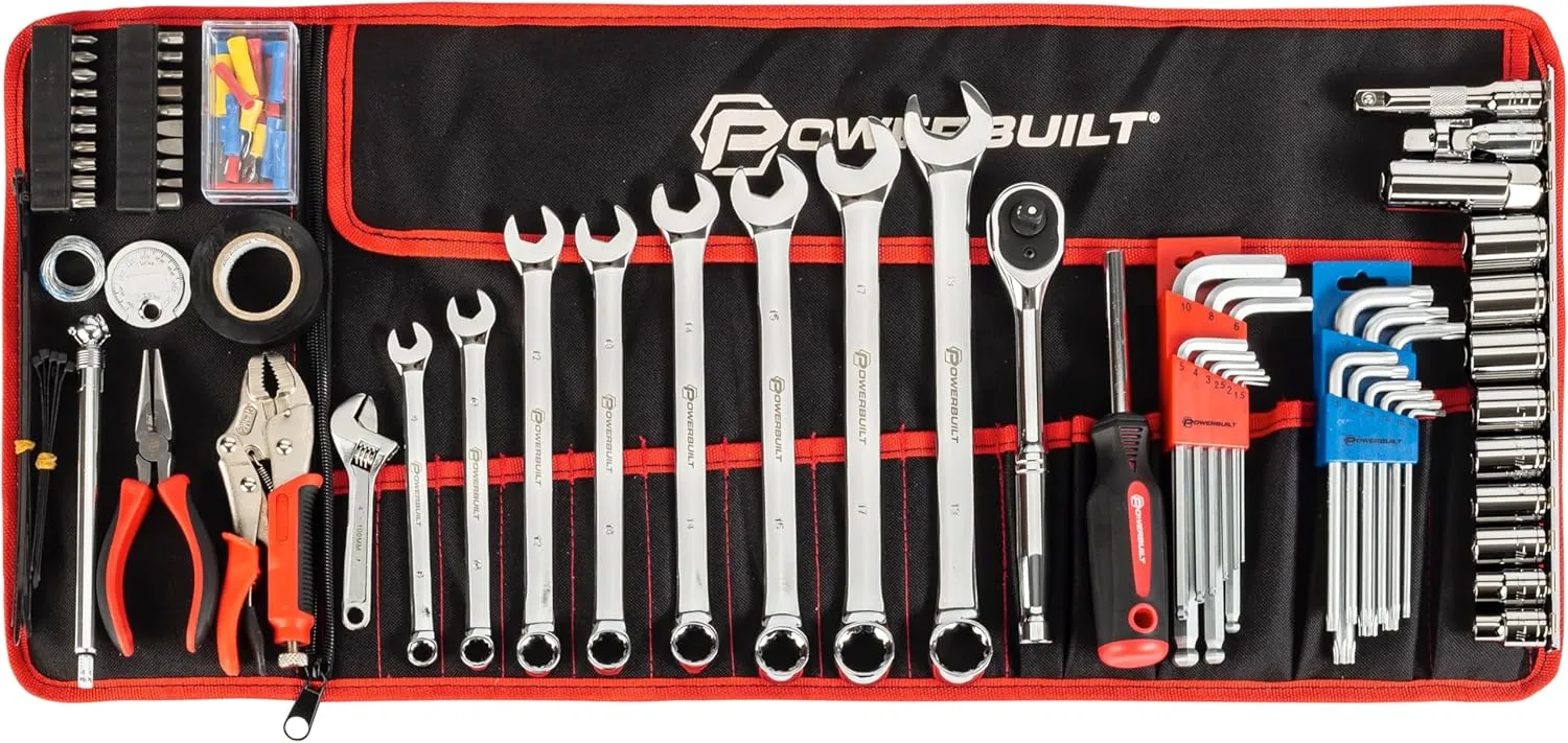 Powerbuilt 100 Piece Motorcycle Tool Kit with Roll Pouch, Roadside, Travel Wrenches, Ratchet, Sockets - 643028ECE