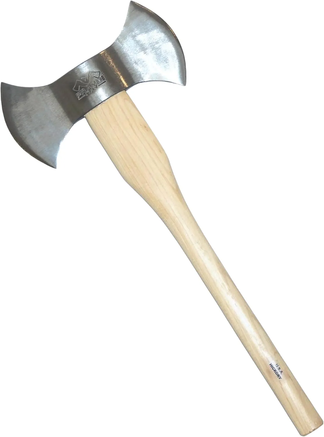 Prandi Axes C45 Forged Carbon Steel Throwing Axe - Hickory Handle - Double Bit Axe for Competitions and Recreation - S/N 3T.054.12.CH - 24" L x 10.67" W, 1200g Polished Head, No Sheath