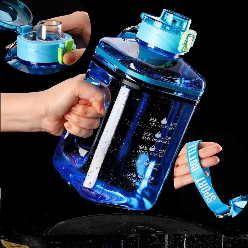 Premium 2.2L Large Capacity Sports Water Bottle – Leak-Proof, Eco-Friendly Direct Drinking Water Jug with Motivational Time Markings – Portable for Hiking, Cycling, Gym, Running, and Outdoor Activities