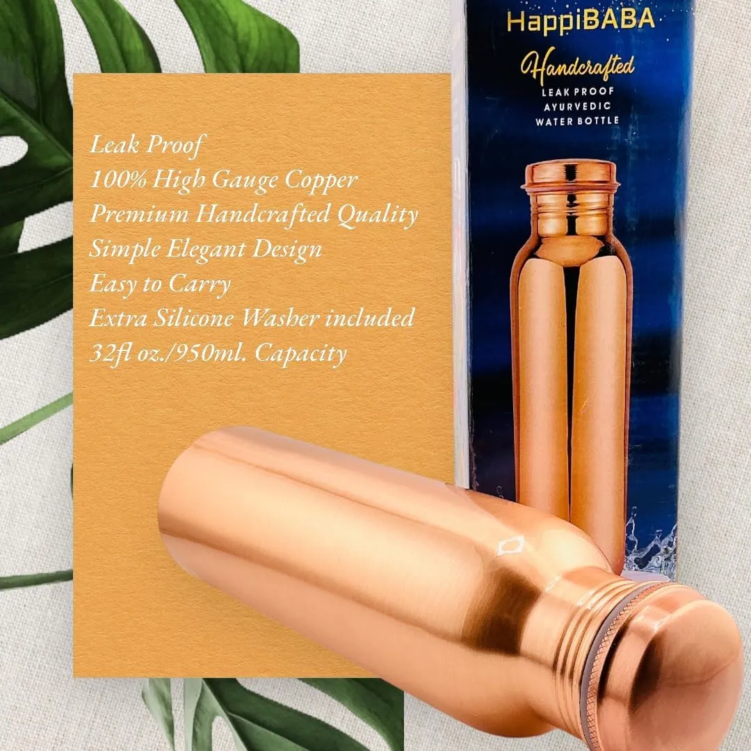 Premium Ayurvedic Handcrafted Plain Wide-Mouth Copper Water Bottle – Leak-Proof Cap, 100% Pure Copper, Eco-Friendly Design for Optimal Hydration. (Plain 32 Oz.)