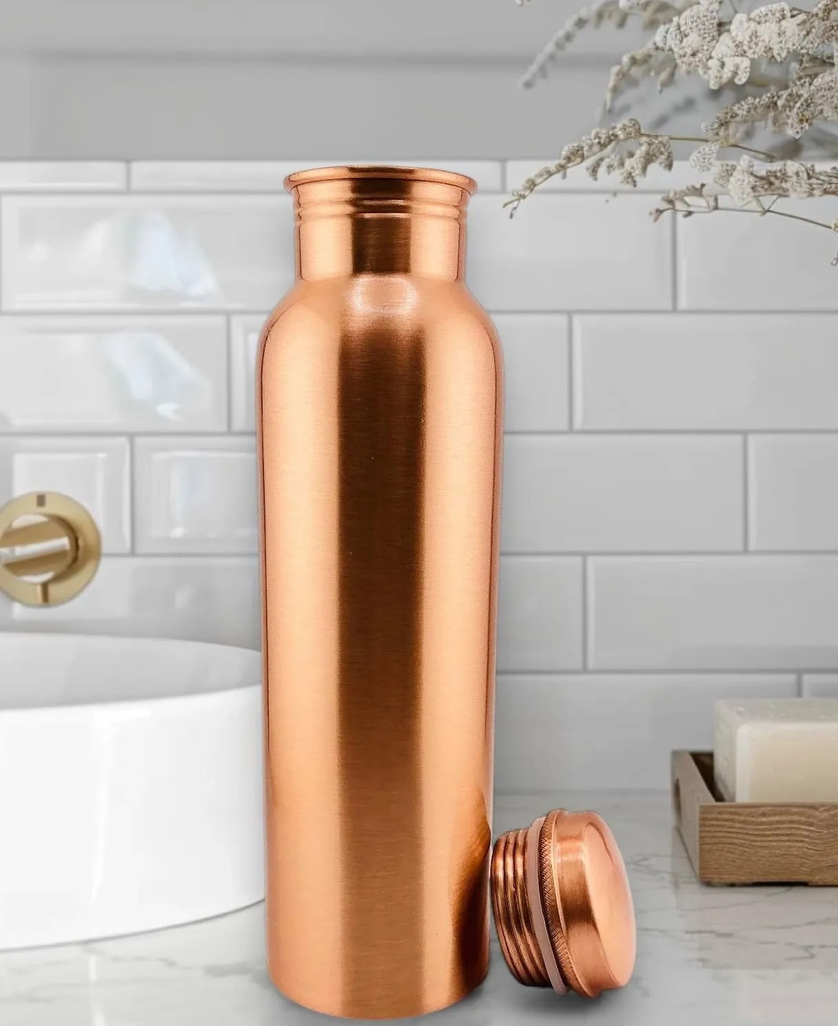 Premium Ayurvedic Handcrafted Plain Wide-Mouth Copper Water Bottle – Leak-Proof Cap, 100% Pure Copper, Eco-Friendly Design for Optimal Hydration. (Plain 32 Oz.)