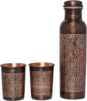 Premium Hammered Ayurvedic Pure Copper Water Bottle With 2 Glass Set | Leak Proof 1 Liter Copper Vessel for Drinking Water | Great Water Bottle for Sports, Yoga & Everyday Use