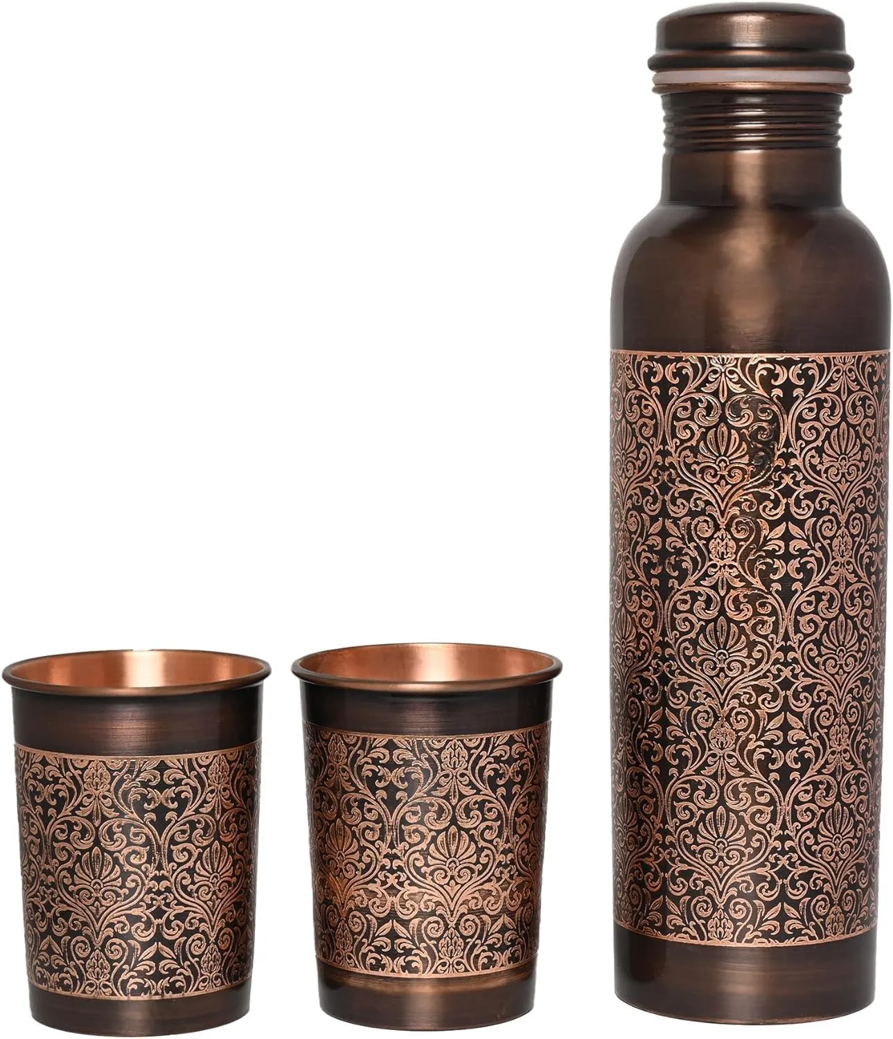 Premium Hammered Ayurvedic Pure Copper Water Bottle With 2 Glass Set | Leak Proof 1 Liter Copper Vessel for Drinking Water | Great Water Bottle for Sports, Yoga & Everyday Use
