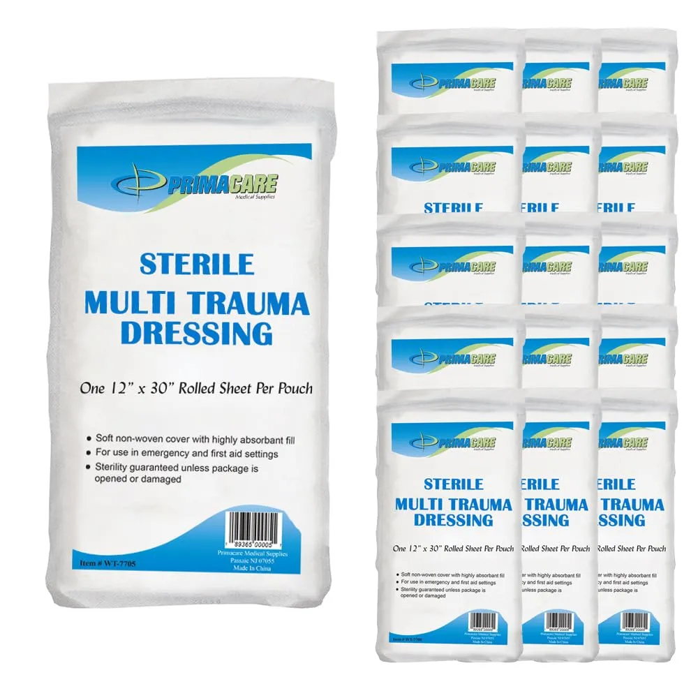 Primacare WT-7705-CS Pack of 25 First Aid Sterile Multi Trauma Gauze Pad Dressing for Stopping Heavy Bleeding in Large Open Wounds, Treating Lacerations and Piercing Injuries, 30" x 12", White