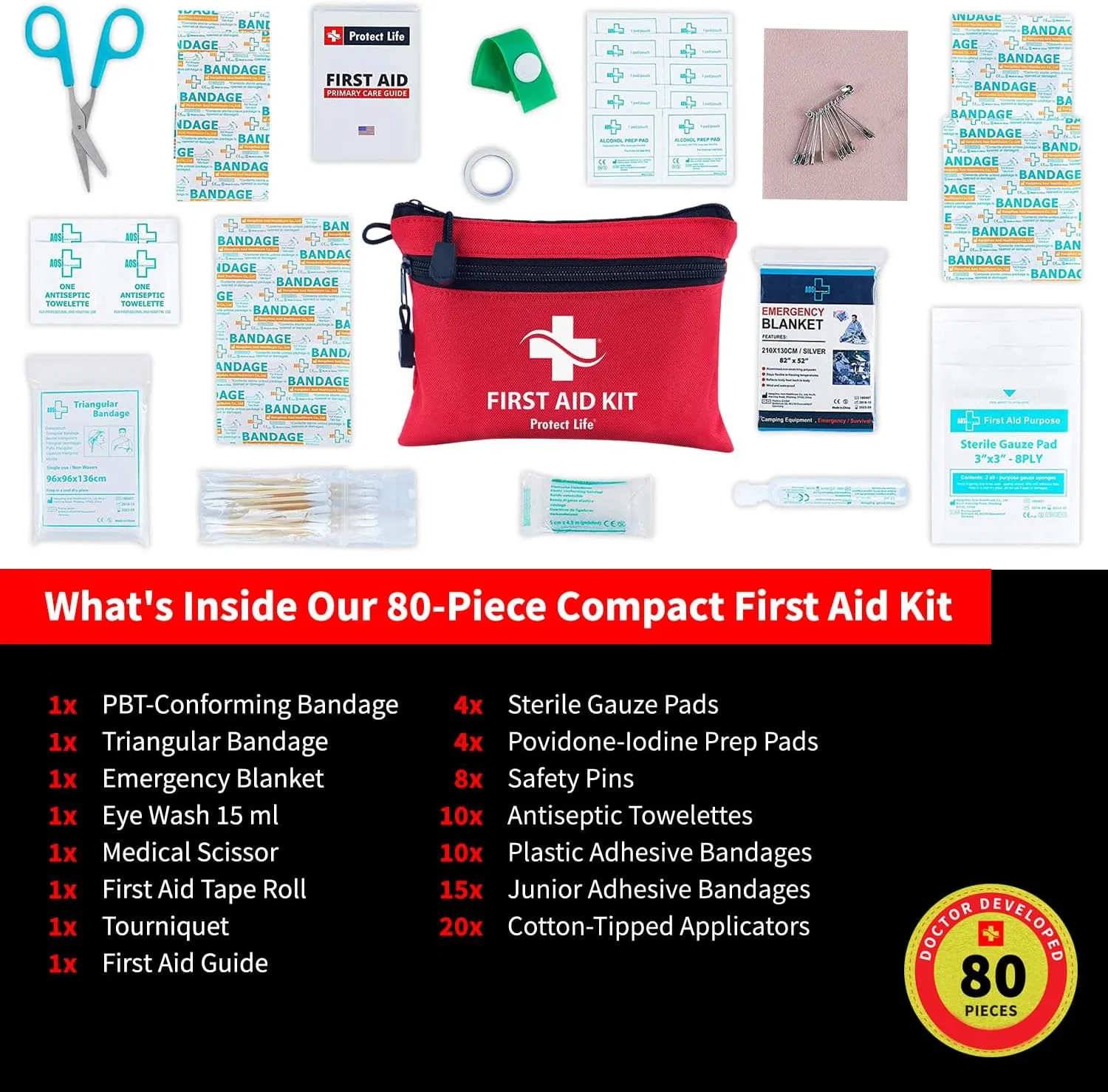 Protect Life Survival First Aid Kit for Home/Business, Camping Survival Kits | Mini Travel First Aid Kit | Camping Equipment | Small Kits for Car | Outdoor Emergency Survivals Pack - 80pcs