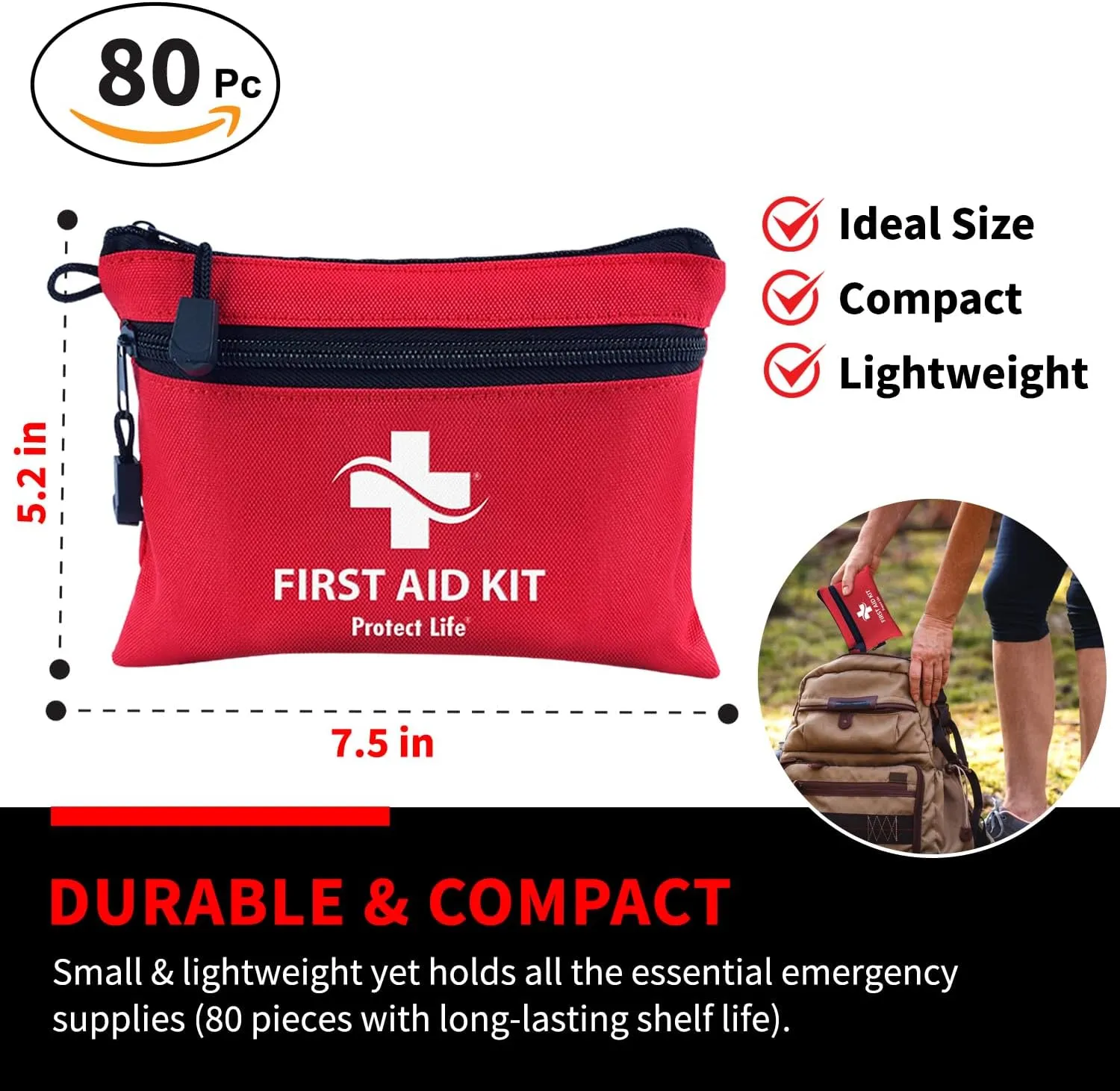 Protect Life Survival First Aid Kit for Home/Business, Camping Survival Kits | Mini Travel First Aid Kit | Camping Equipment | Small Kits for Car | Outdoor Emergency Survivals Pack - 80pcs