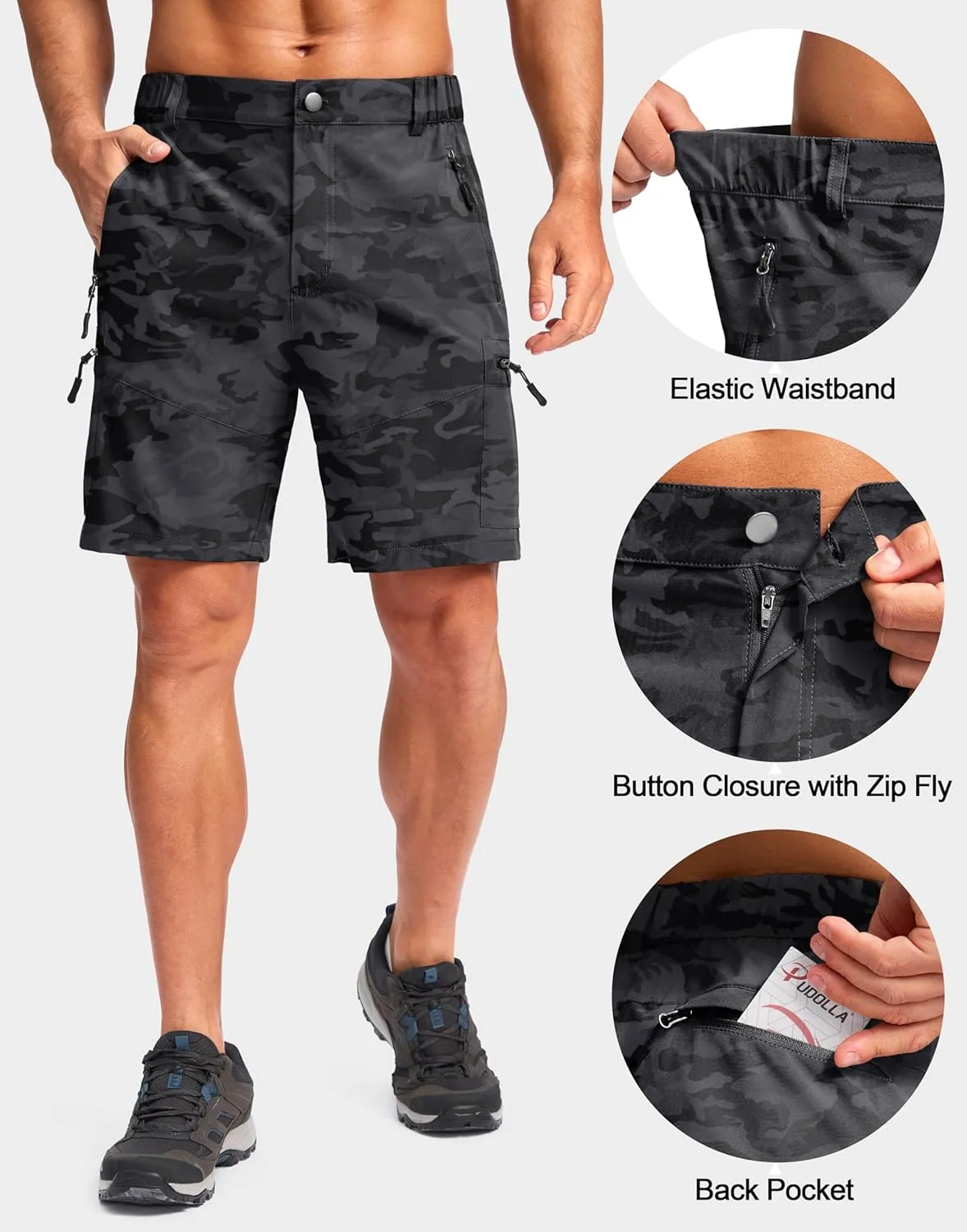 Pudolla Men's Hiking Cargo Shorts Lightweight 7" Travel Casual Shorts for Men Golf Work Outdoor with 5 Zipper Pockets
