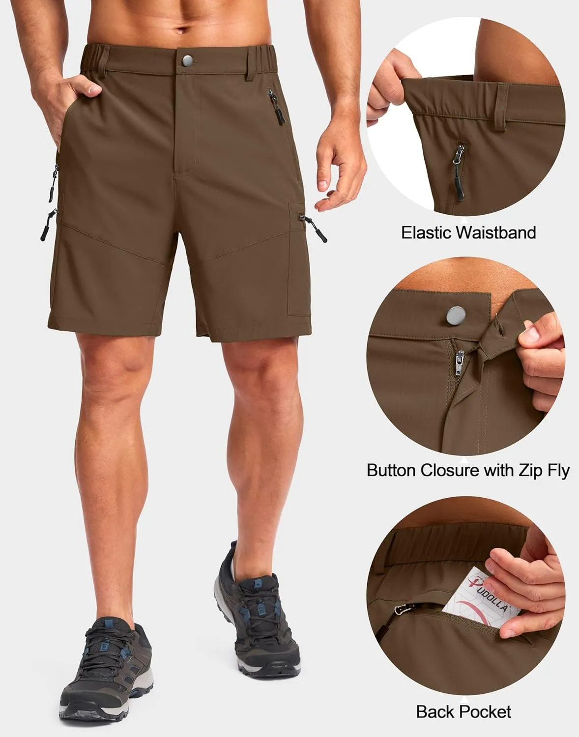 Pudolla Men's Hiking Cargo Shorts Lightweight 7" Travel Casual Shorts for Men Golf Work Outdoor with 5 Zipper Pockets