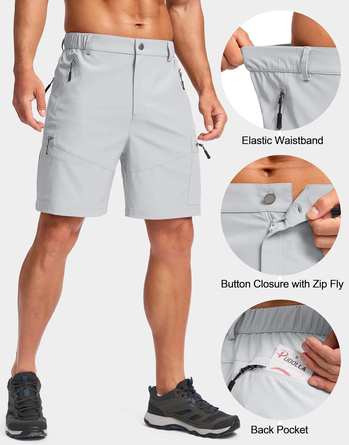 Pudolla Men's Hiking Cargo Shorts Lightweight 7" Travel Casual Shorts for Men Golf Work Outdoor with 5 Zipper Pockets