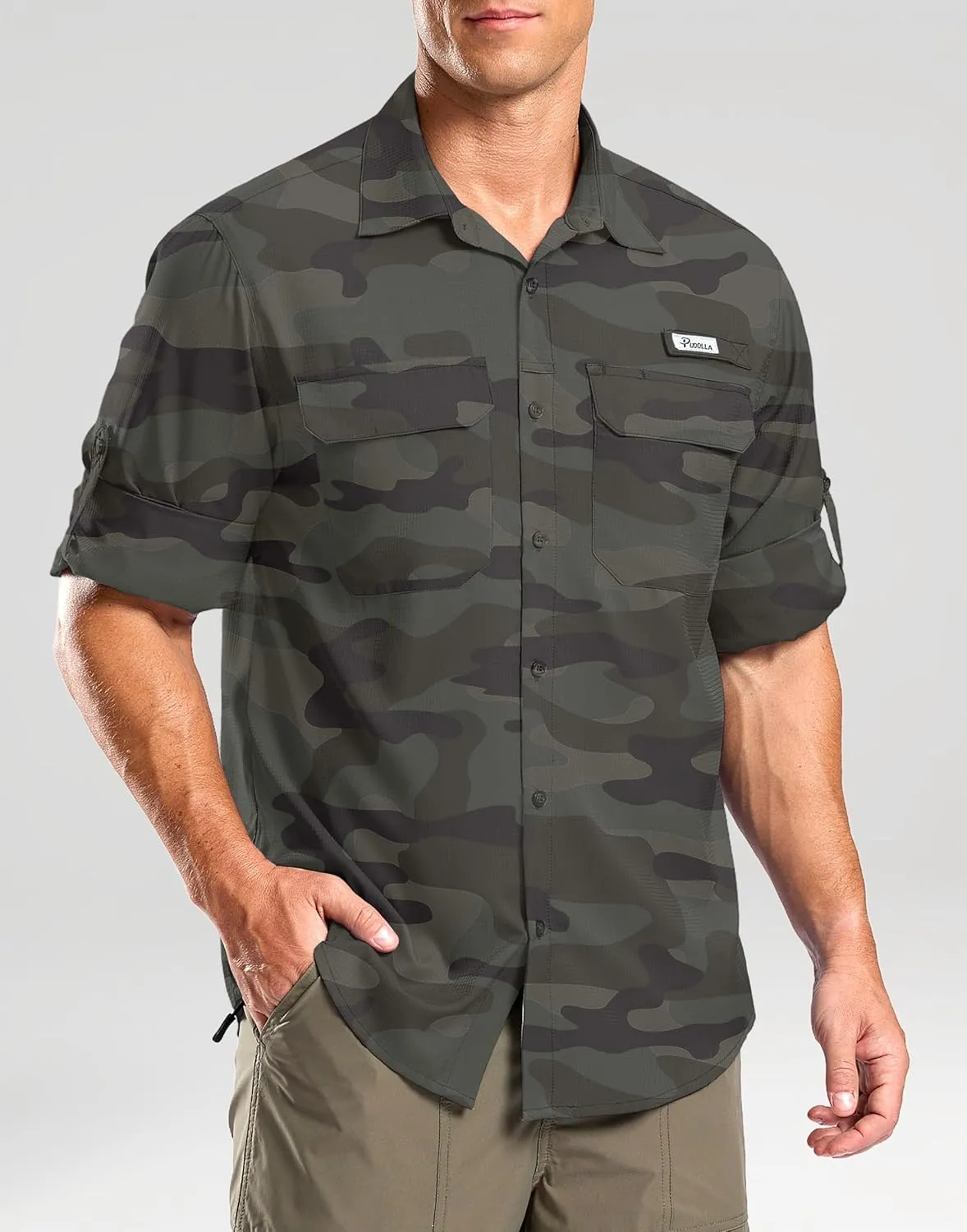 Pudolla Men's Sun Protection Fishing Shirt Lightweight Long Sleeve UPF 50  Hiking Shirt for Men Outdoor Travel with Pockets