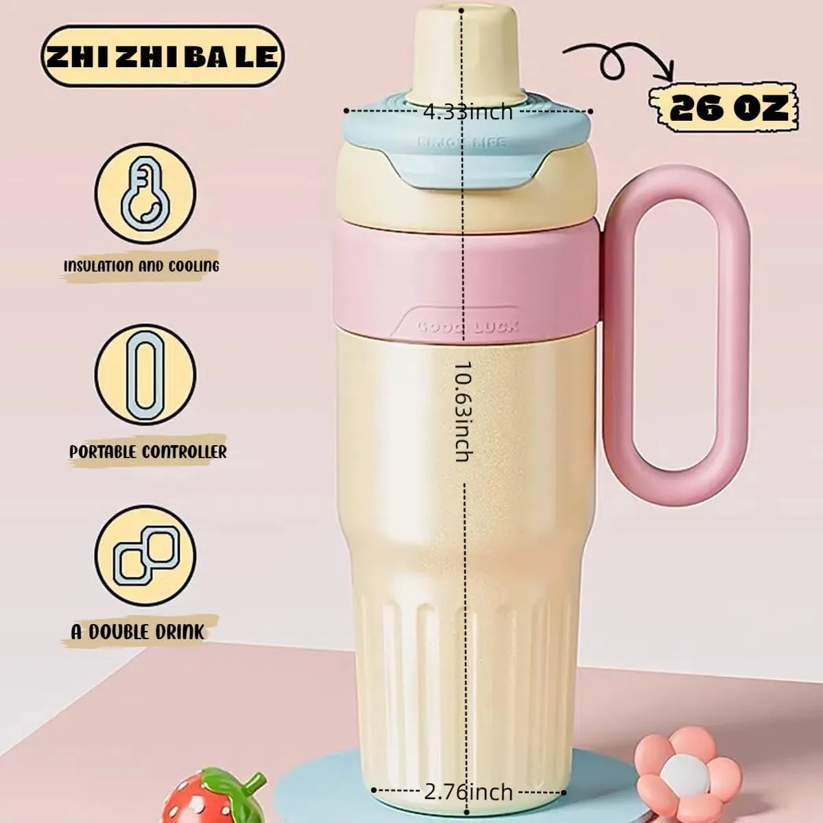 Puff Cup 26 oz Insulated Water Bottle with 2-in-1 Straw and Spout Lid, Keep Cold 24H, Leak-Proof, Fits in Car Cup Holder, Stainless Steel Water Bottle for Sports, Travel, and School