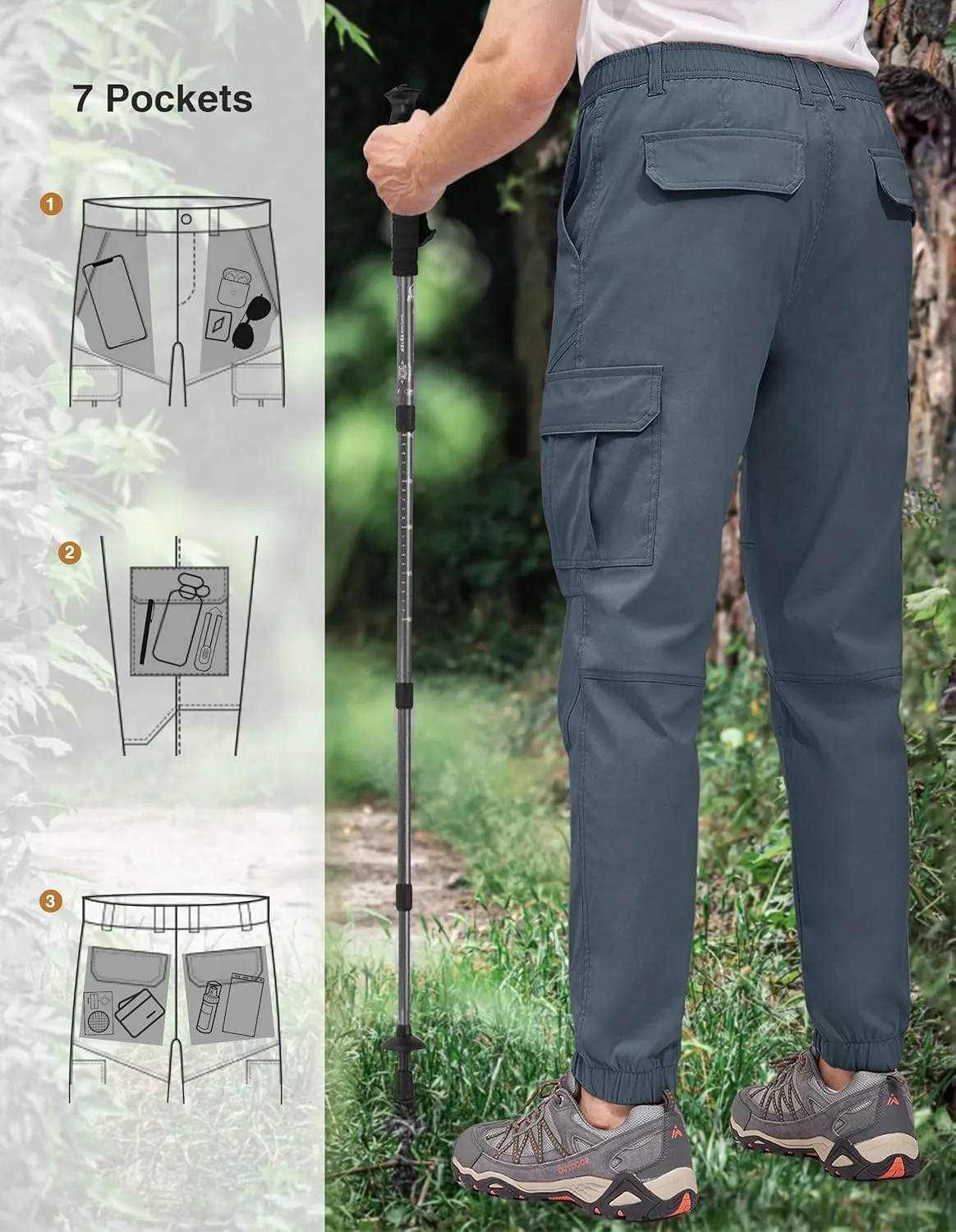 PULI Men's Waterproof Hiking Pants, Slim Fit Cargo Joggers, Stretch Quick Dry Outdoor Pants with Pockets