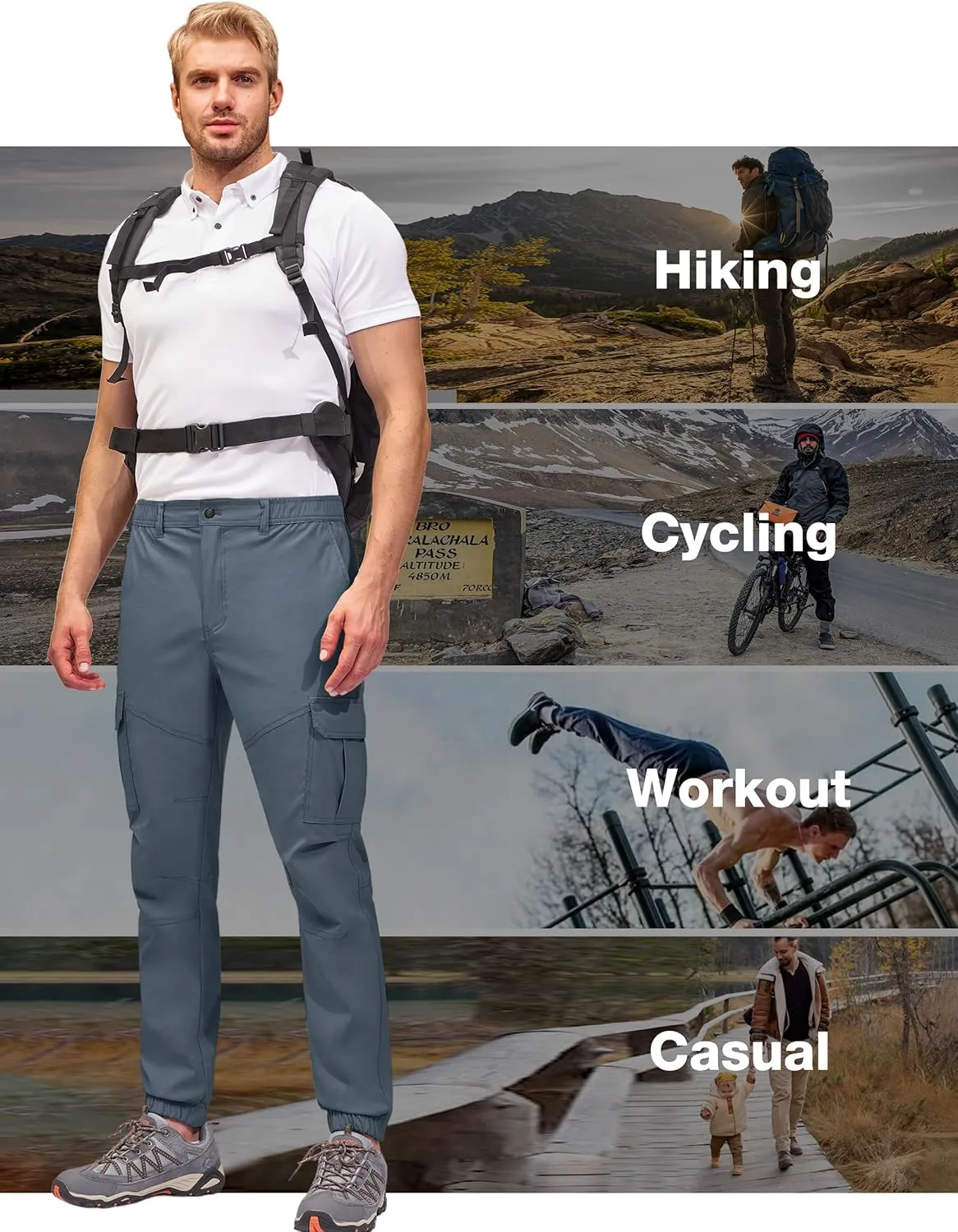 PULI Men's Waterproof Hiking Pants, Slim Fit Cargo Joggers, Stretch Quick Dry Outdoor Pants with Pockets