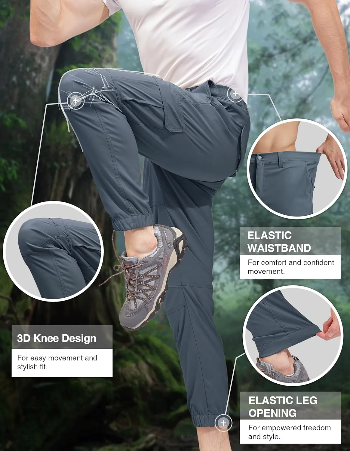 PULI Men's Waterproof Hiking Pants, Slim Fit Cargo Joggers, Stretch Quick Dry Outdoor Pants with Pockets