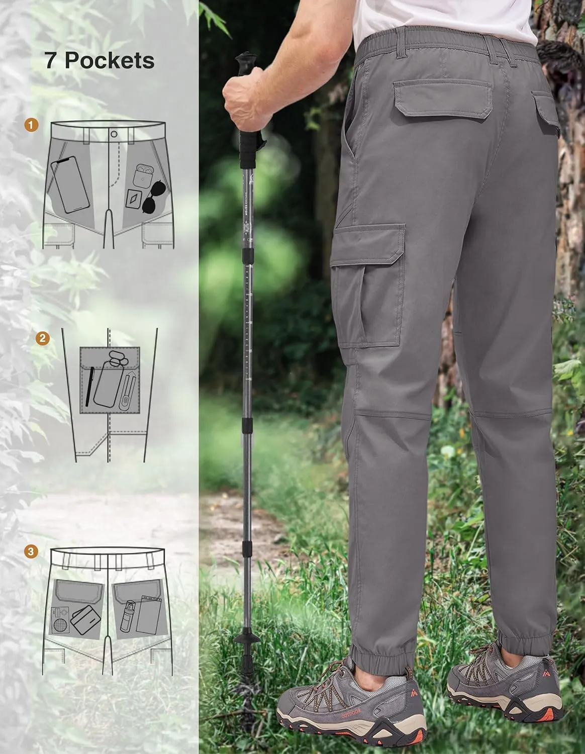 PULI Men's Waterproof Hiking Pants, Slim Fit Cargo Joggers, Stretch Quick Dry Outdoor Pants with Pockets