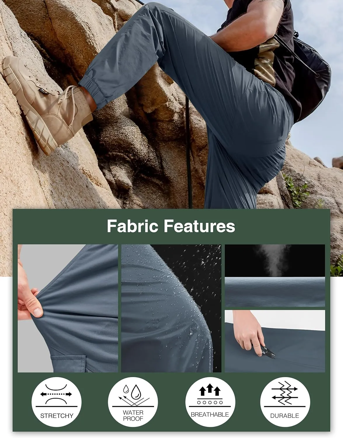 PULI Men's Waterproof Hiking Pants, Slim Fit Cargo Joggers, Stretch Quick Dry Outdoor Pants with Pockets
