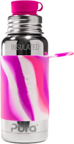 Pura Sport 16oz/473ml Insulated Bottle w/Sport Sleeve & Silicone Big Mouth Top - Stainless Steel, Warm & Cold, Leak-Proof & Spill-Proof for Kids, Toddlers, Preschoolers - Pink Swirl
