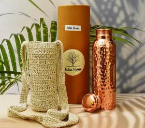 Pure Copper 32oz Hammered Copper Vessel with Carry Bag - Leak-Proof Lid Yoga Gym Water Bottle
