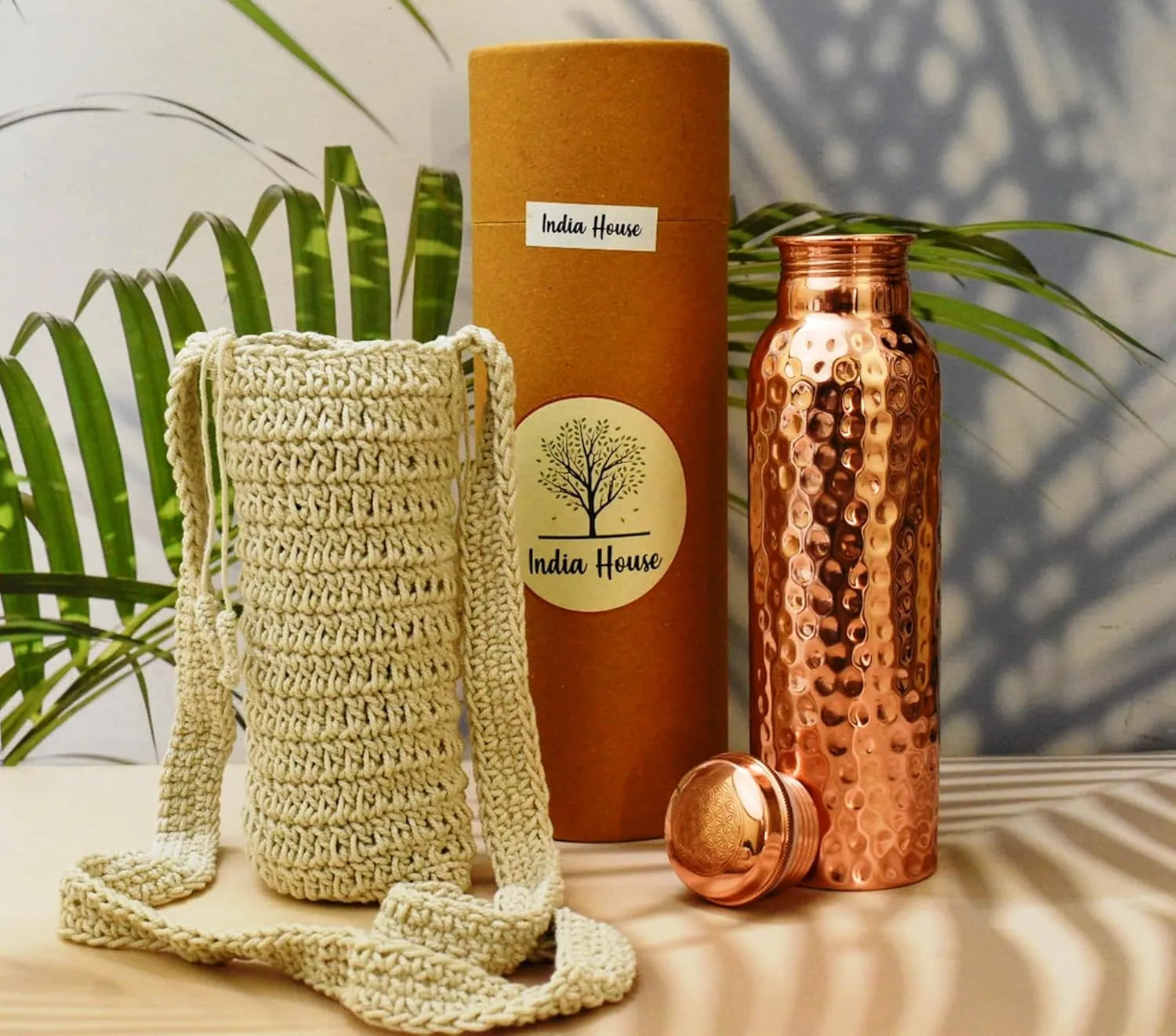 Pure Copper 32oz Hammered Copper Vessel with Carry Bag - Leak-Proof Lid Yoga Gym Water Bottle