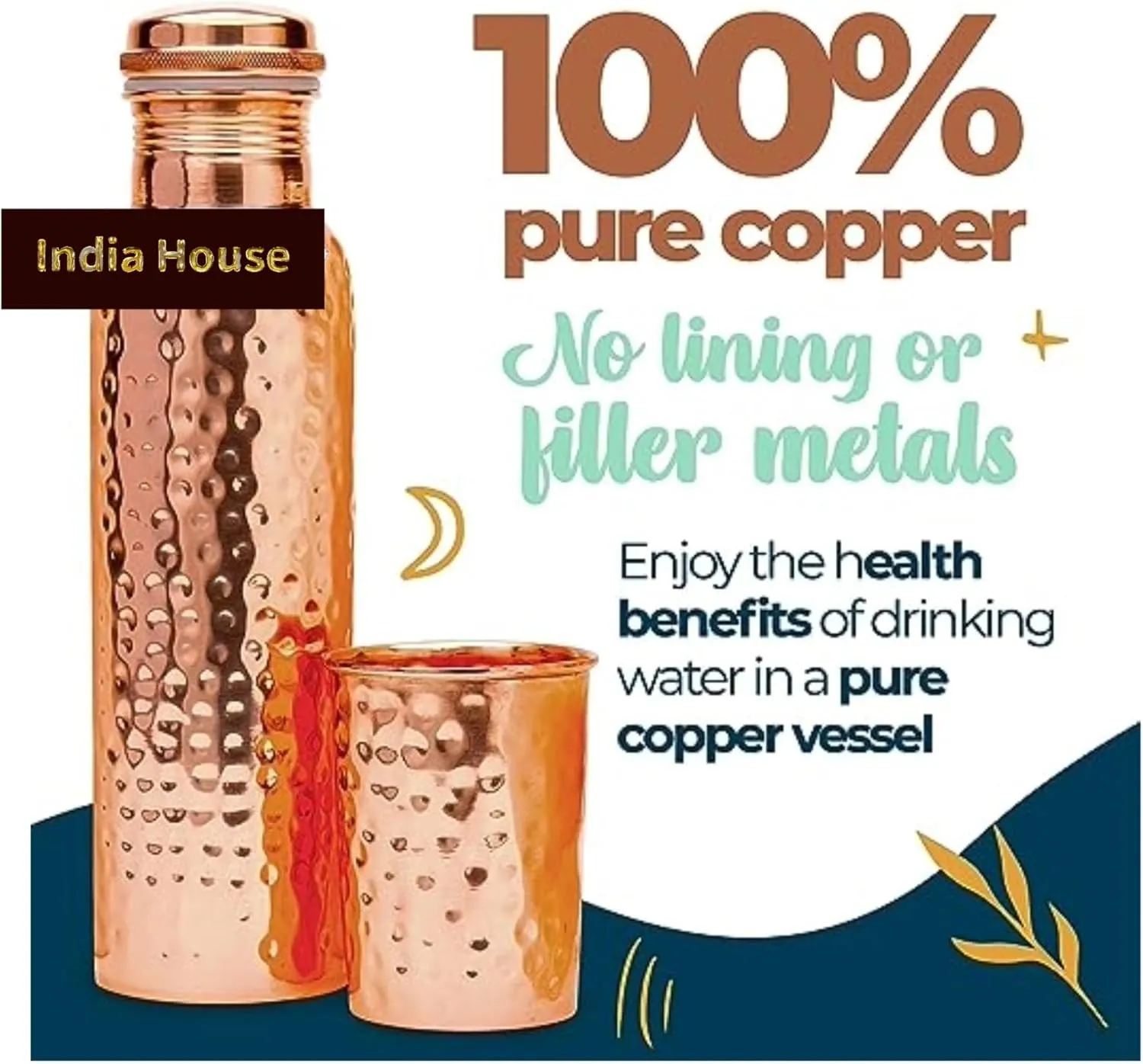Pure Copper 32oz Hammered Copper Vessel with Carry Bag - Leak-Proof Lid Yoga Gym Water Bottle