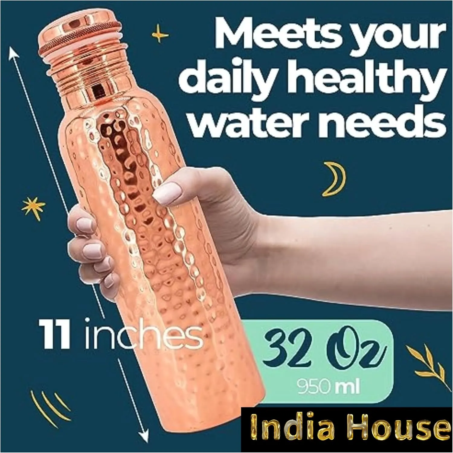 Pure Copper 32oz Hammered Copper Vessel with Carry Bag - Leak-Proof Lid Yoga Gym Water Bottle