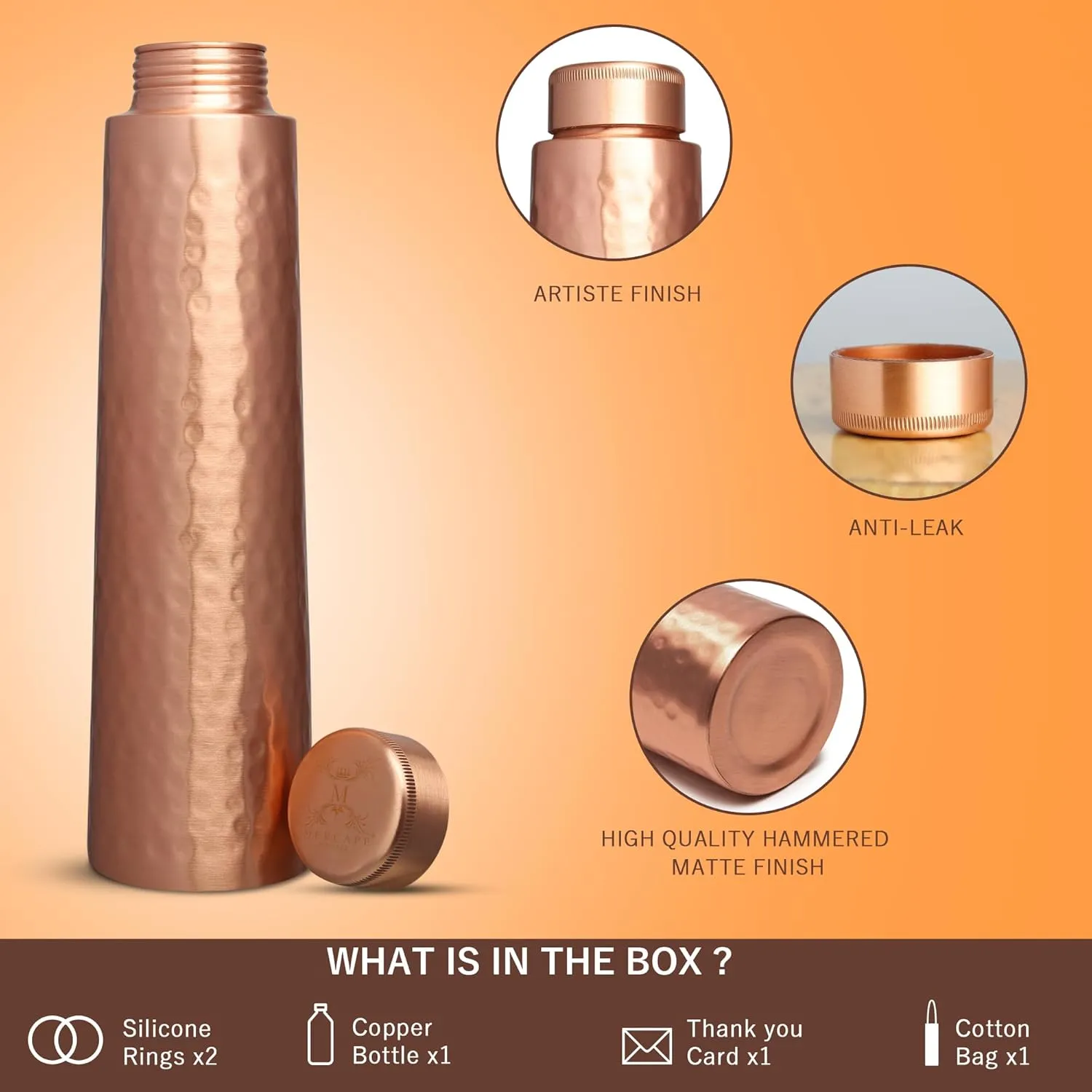Pure Copper Water Bottle 30 Oz | Hammered Finish | Ayurveda Copper Bottle for Yoga, BPA Free, Leak Proof, Travel Flask | Hydration Health Benefits