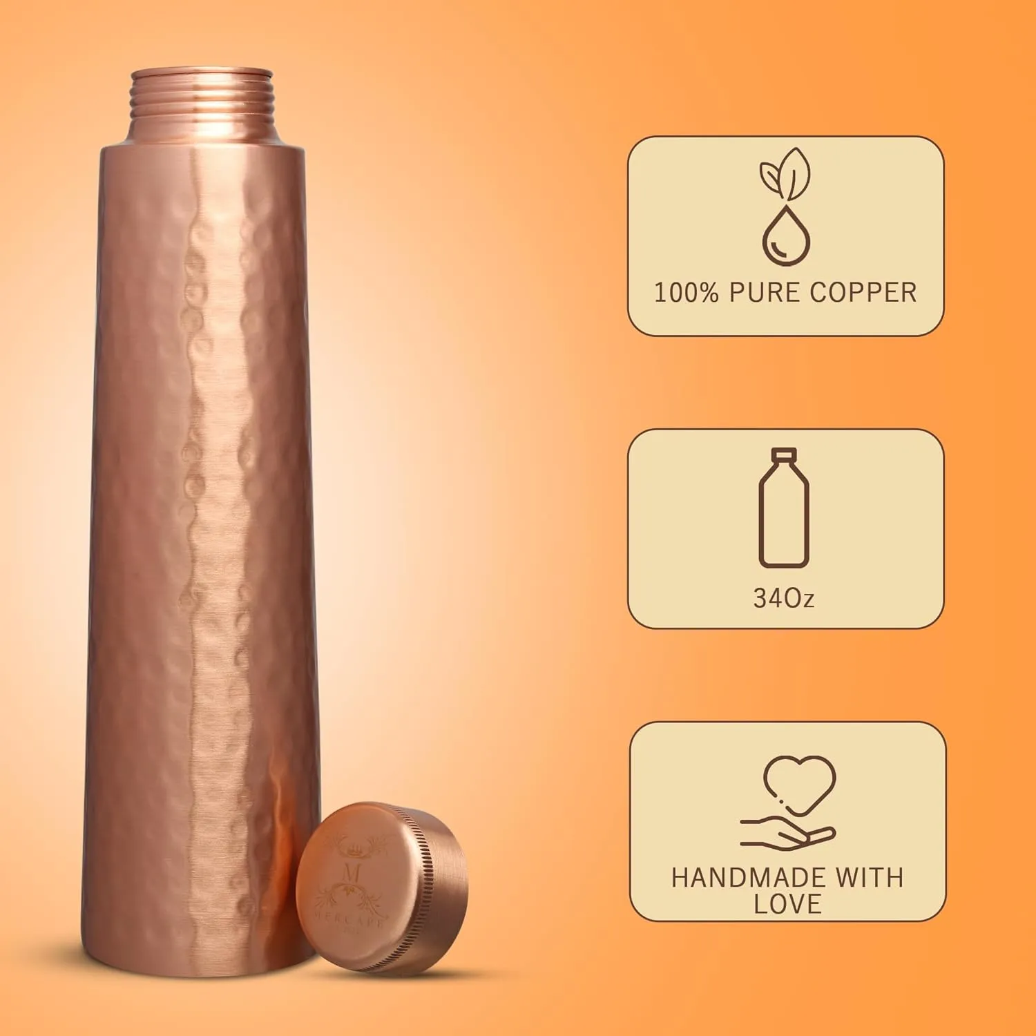 Pure Copper Water Bottle 30 Oz | Hammered Finish | Ayurveda Copper Bottle for Yoga, BPA Free, Leak Proof, Travel Flask | Hydration Health Benefits