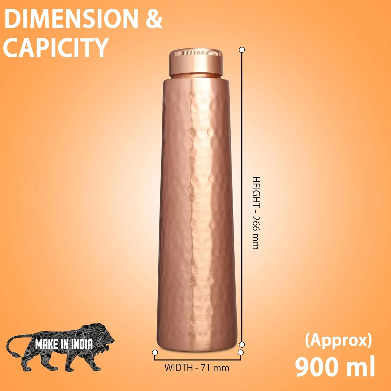 Pure Copper Water Bottle 30 Oz | Hammered Finish | Ayurveda Copper Bottle for Yoga, BPA Free, Leak Proof, Travel Flask | Hydration Health Benefits