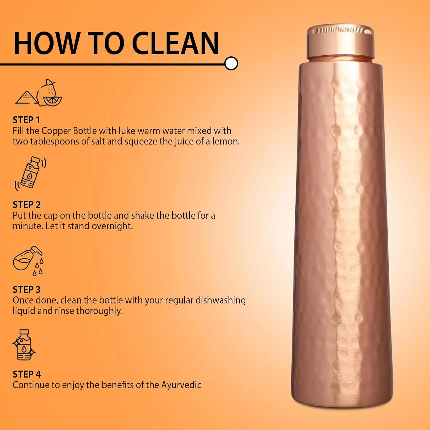 Pure Copper Water Bottle 30 Oz | Hammered Finish | Ayurveda Copper Bottle for Yoga, BPA Free, Leak Proof, Travel Flask | Hydration Health Benefits