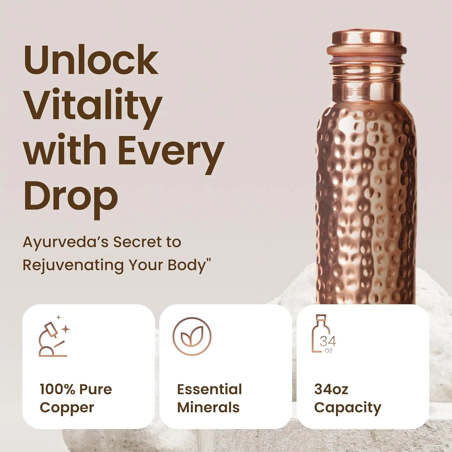 Pure Copper Water Bottle for Drinking Water, 34 Oz Hammered Finish – Stay Hydrated and Enjoy Ayurvedic Benefits – Leak-Proof, Temperature Retention, Eco-Friendly Design – Durable Copper Bottle