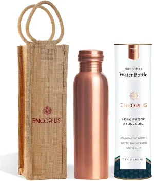 Pure Copper Water Bottle for Drinking with Jute Carry Bag – Smooth Finish, Leak Proof Lid Handcrafted Ayurvedic Copper Vessel 32 oz Extra Large for Staying Hydrated, Enjoying Health Benefits.