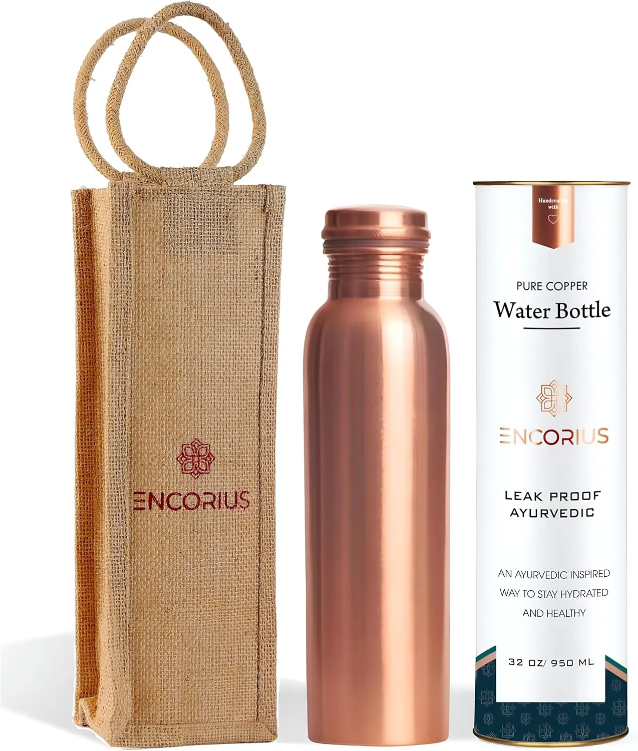 Pure Copper Water Bottle for Drinking with Jute Carry Bag – Smooth Finish, Leak Proof Lid Handcrafted Ayurvedic Copper Vessel 32 oz Extra Large for Staying Hydrated, Enjoying Health Benefits.