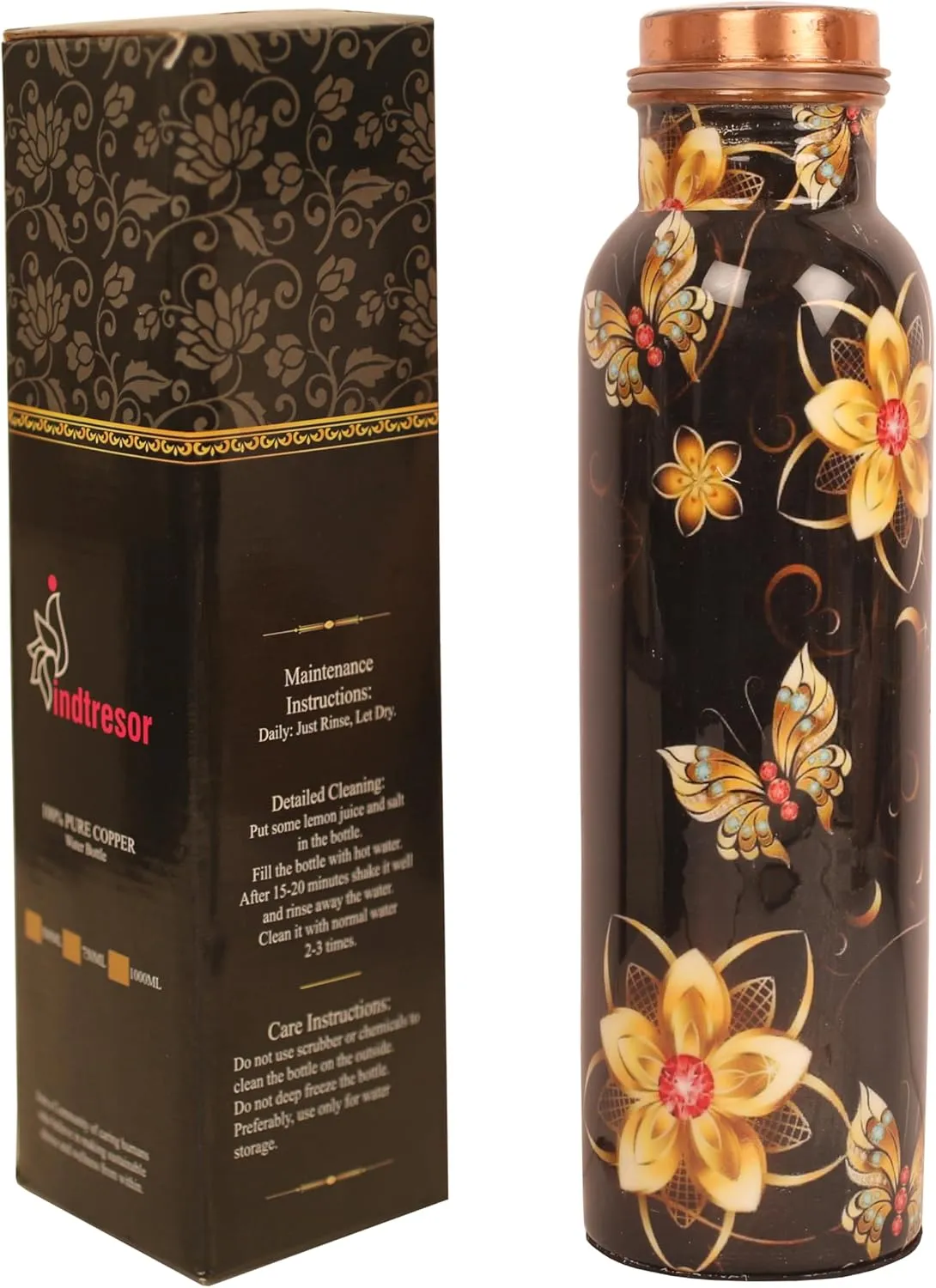 Pure Copper Water Bottle - Handcrafted - Ayurveda health benefits - Large 35 oz - Leak proof - Easy to carry for Sports, Fitness, Yoga, School - Black Base Floral Textured Colorful Enamel