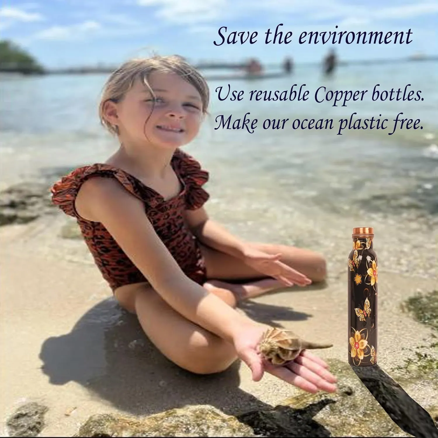 Pure Copper Water Bottle - Handcrafted - Ayurveda health benefits - Large 35 oz - Leak proof - Easy to carry for Sports, Fitness, Yoga, School - Black Base Floral Textured Colorful Enamel