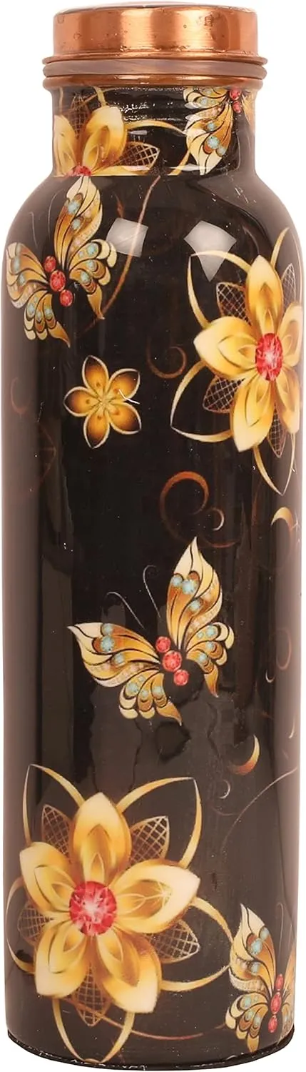 Pure Copper Water Bottle - Handcrafted - Ayurveda health benefits - Large 35 oz - Leak proof - Easy to carry for Sports, Fitness, Yoga, School - Black Base Floral Textured Colorful Enamel