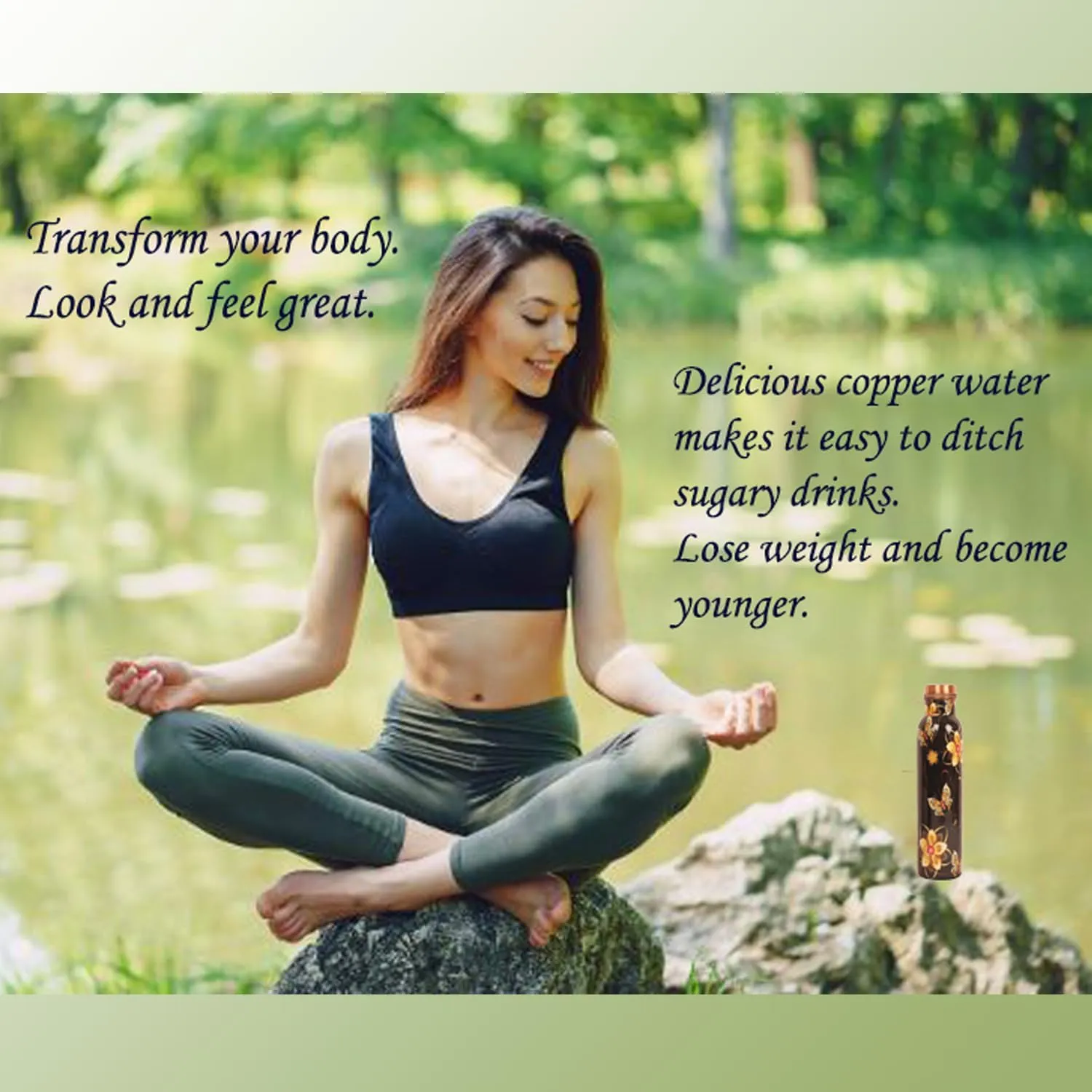 Pure Copper Water Bottle - Handcrafted - Ayurveda health benefits - Large 35 oz - Leak proof - Easy to carry for Sports, Fitness, Yoga, School - Black Base Floral Textured Colorful Enamel