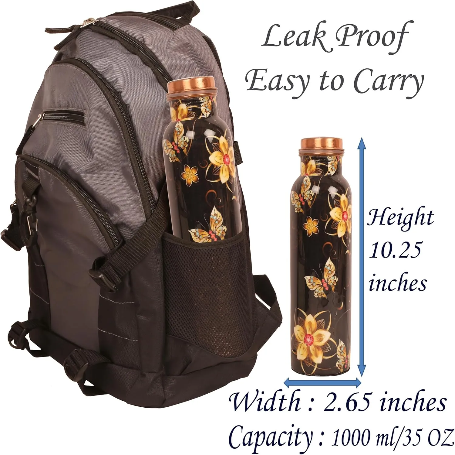 Pure Copper Water Bottle - Handcrafted - Ayurveda health benefits - Large 35 oz - Leak proof - Easy to carry for Sports, Fitness, Yoga, School - Black Base Floral Textured Colorful Enamel