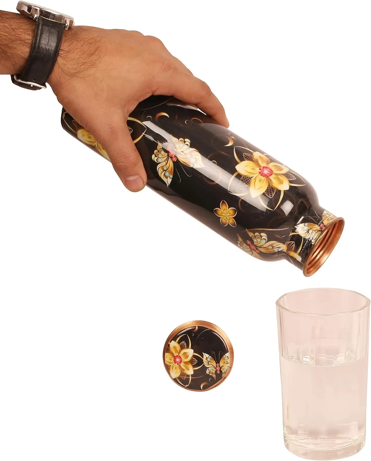Pure Copper Water Bottle - Handcrafted - Ayurveda health benefits - Large 35 oz - Leak proof - Easy to carry for Sports, Fitness, Yoga, School - Black Base Floral Textured Colorful Enamel