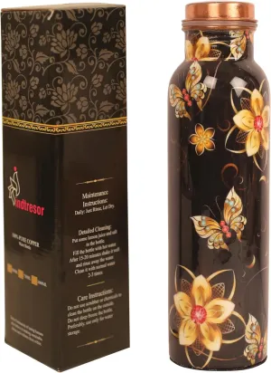 Pure Copper Water Bottle - Handcrafted - Ayurveda health benefits - Large 35 oz - Leak proof - Easy to carry for Sports, Fitness, Yoga, School - Black Base Floral Textured Colorful Enamel