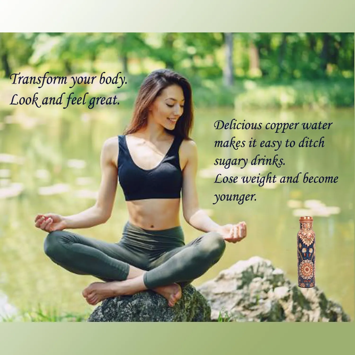 Pure Copper Water Bottle - Handcrafted - Ayurveda health benefits - Large 35 oz - Leak proof - Easy to carry for Sports, Fitness, Yoga, School - Indigo Blue Base Floral Patterns Enamel