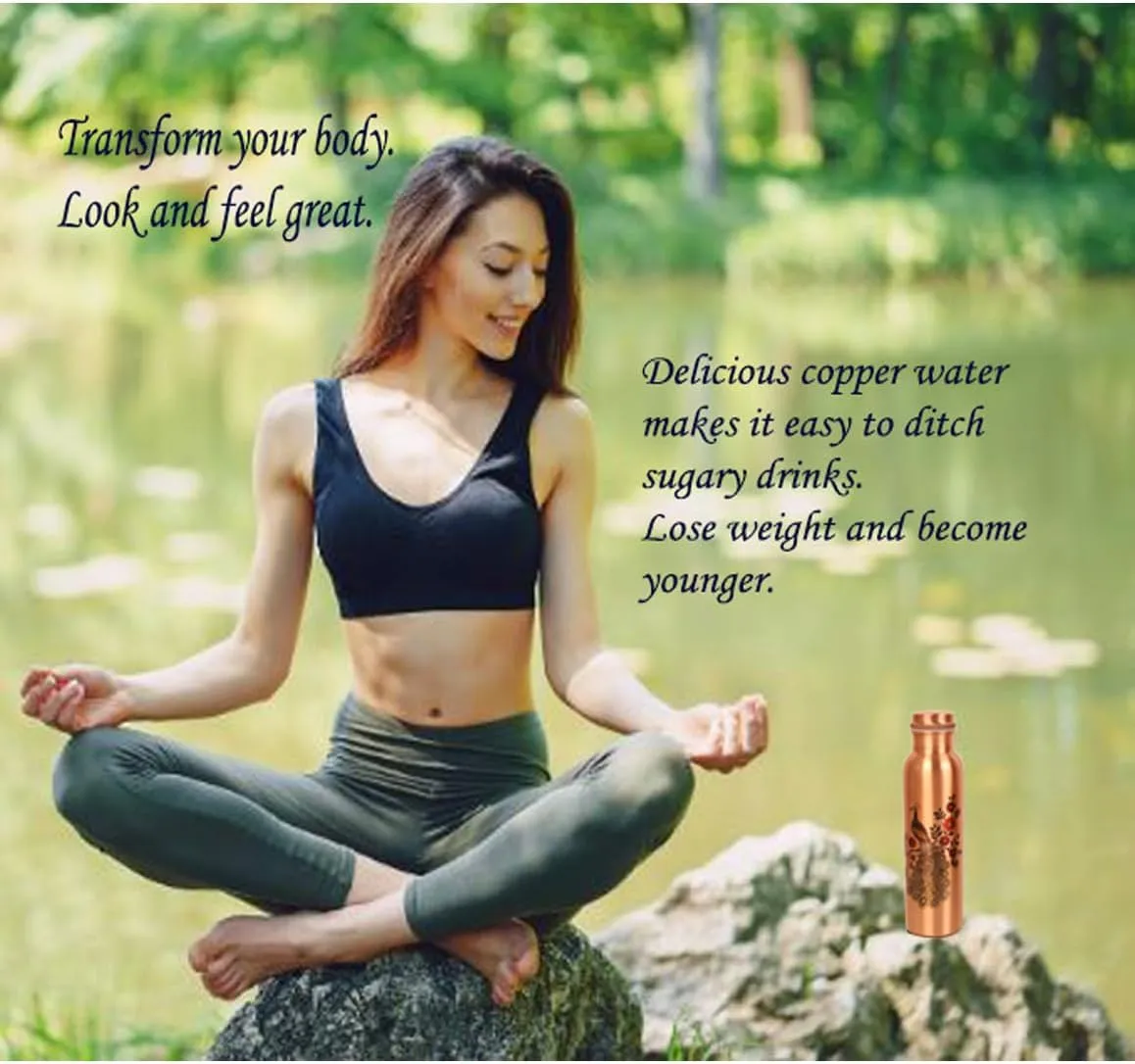 Pure Copper Water Bottle - Handcrafted - Ayurveda health benefits - Large 35 oz - Leak proof - Easy to carry for Sports, Fitness, Yoga, School - Natural Copper Finish Peacock Motif Enamel