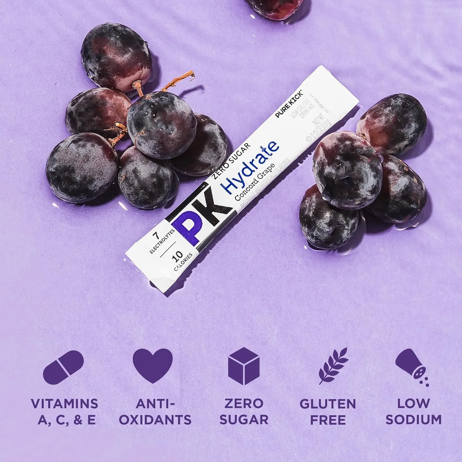 PURE KICK Hydration Singles to Go Drink Mix, Concord Grape, Includes 12 Boxes with 6 Packets in Each Box, 72 Total Packets