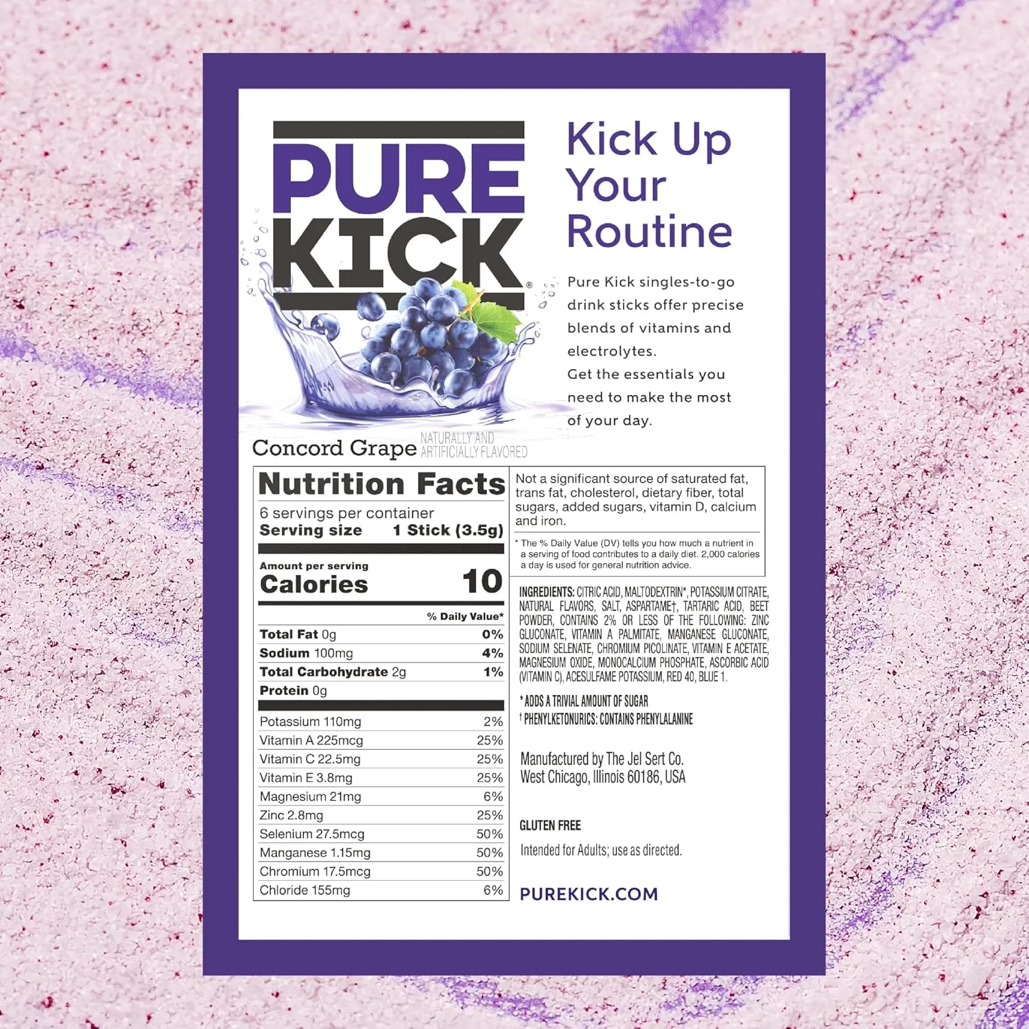 PURE KICK Hydration Singles to Go Drink Mix, Concord Grape, Includes 12 Boxes with 6 Packets in Each Box, 72 Total Packets