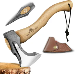 Purple Dragon Camping Hatchet 14.7 Inch Hand Forged Splitting Axe - Outdoor Wood Splitting, Chopping & Carving Tool with Leather Sheath, Bushcraft Survival Wooden Handle Axe for Garden & Forest Use
