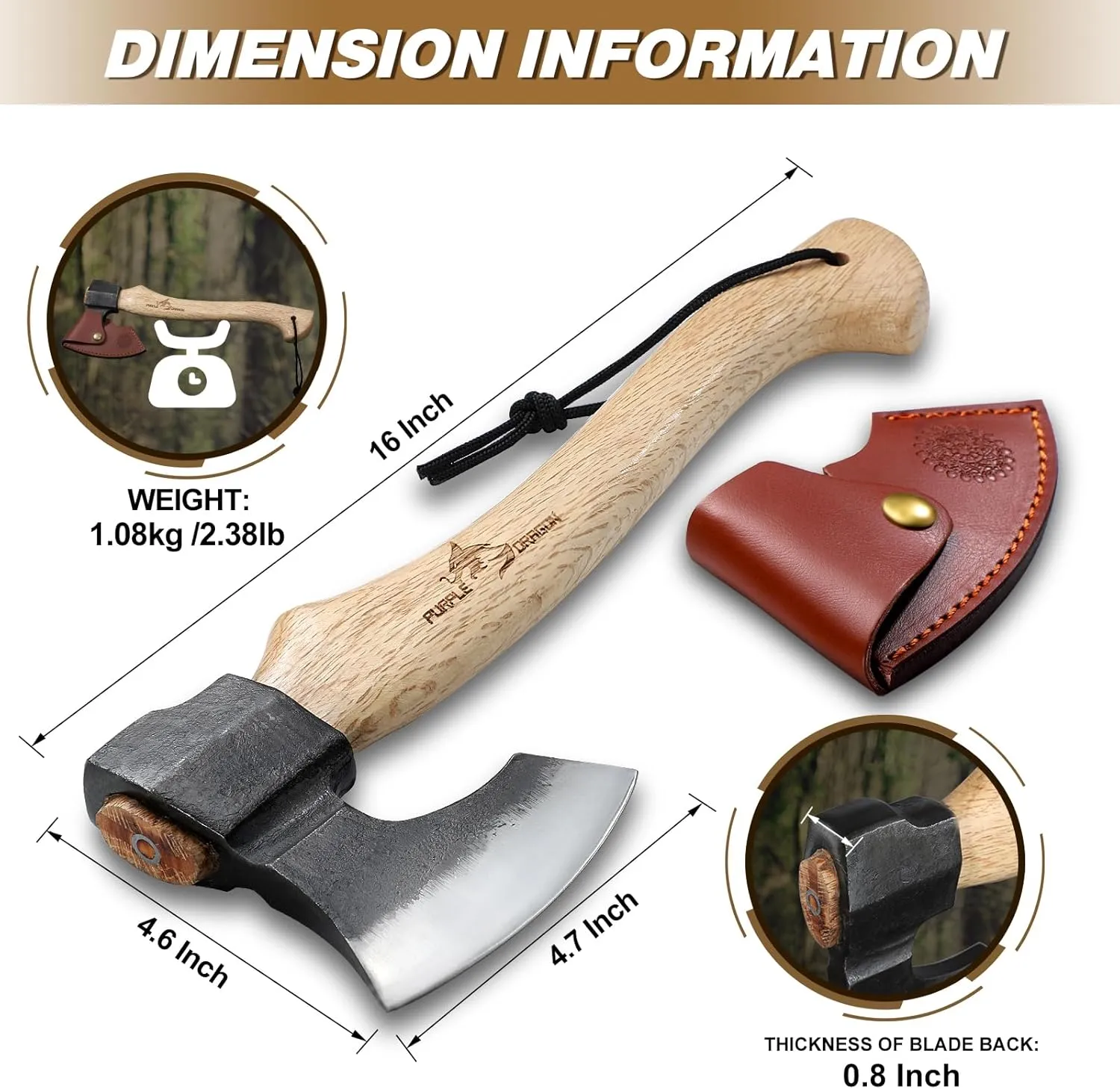 Purple Dragon Camping Hatchet Axe, 16 Inch Small Hand Hatchet with Wood Handle, Bushcraft Axe for Wood Splitting, Chopping & Carving, Outdoor Survival Tool with Sheath for Garden & Forest Use