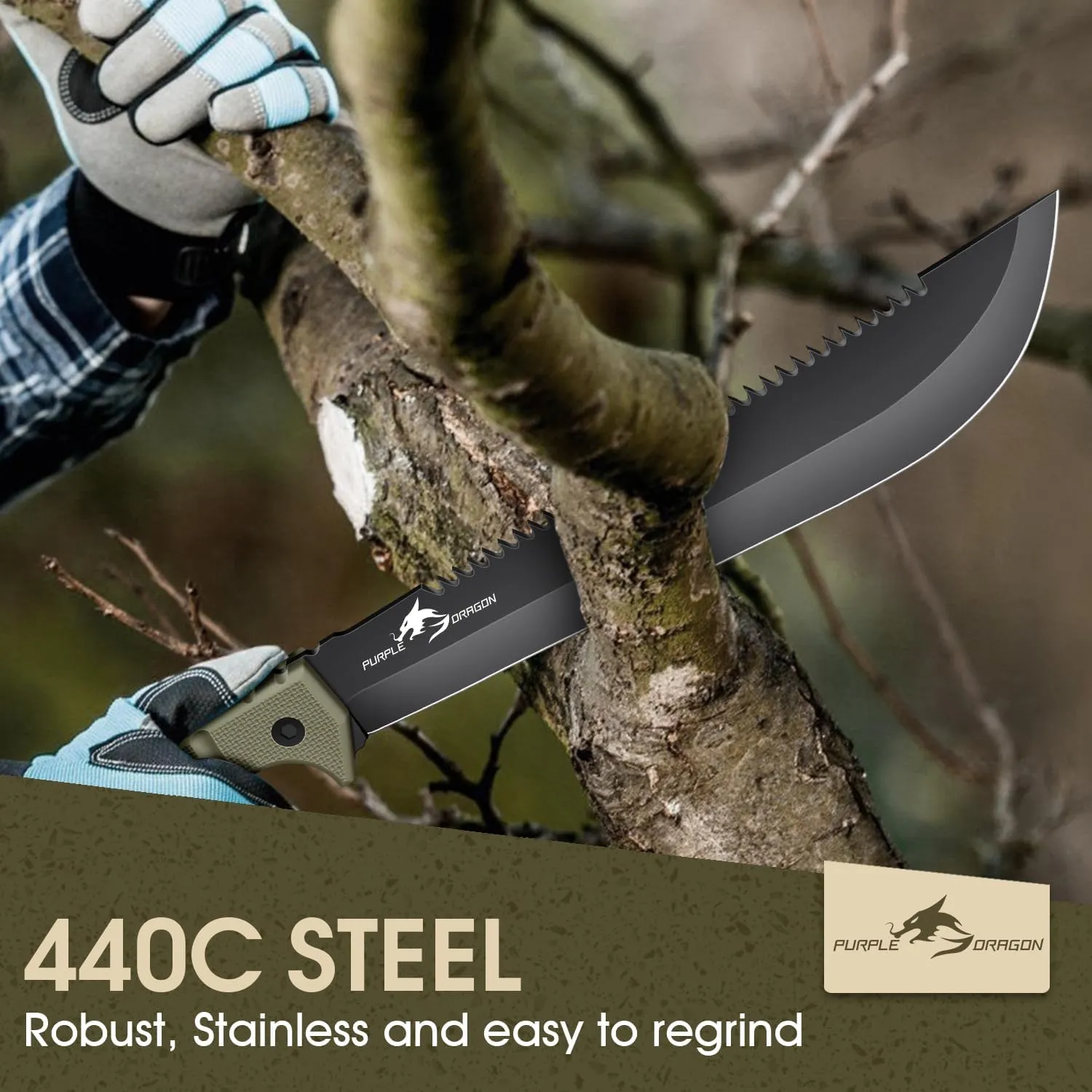Purple Dragon Large Knife Outdoor Hatchet Axe Set with Sheath, Full Tang Splitting Axe Made from a Single Piece of D2 Steel, Camping Survival for Wood Cutting, Hunting Knife Gifts for Men