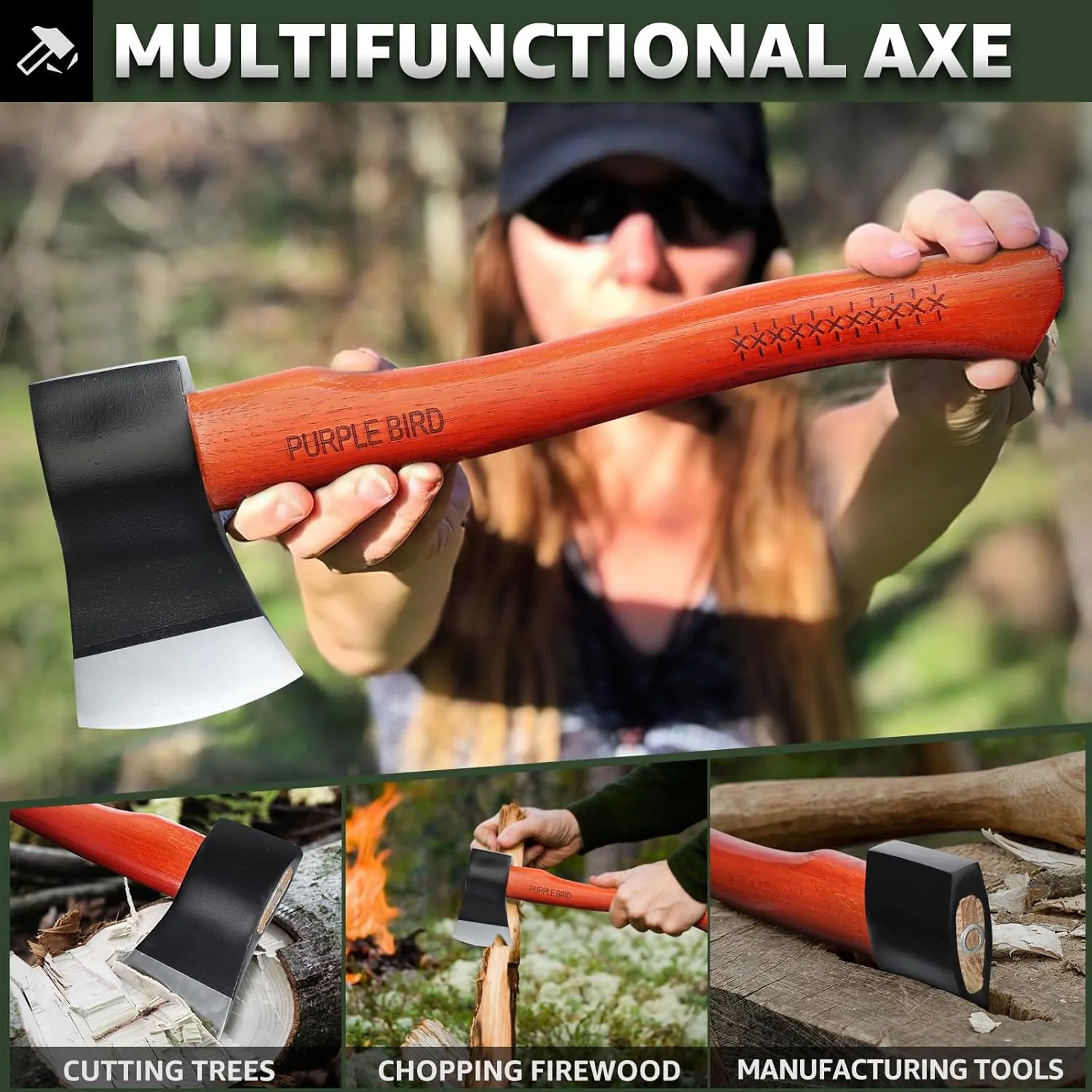 PURPLEBIRD Hatchet Axe 15’’, Wood Chopping Splitting Axe, Camping Axe with Steath, Bushcraft Hatchet Outdoor, Hand Axe for tree cutting, Hatchet Axe for Camping Gardening Hiking, Red